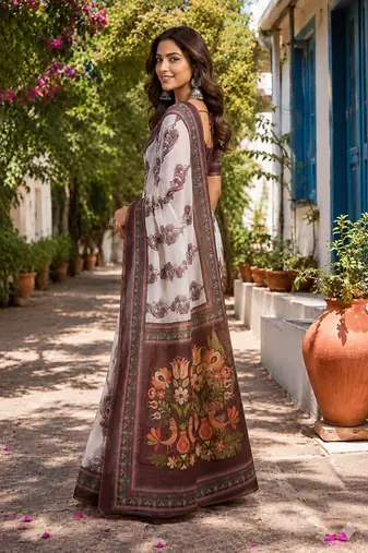 white brown printed chanderi cotton ready to wear saree with unstitched blouse