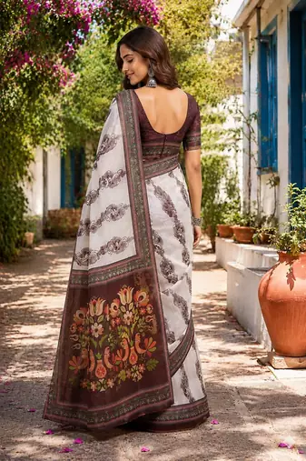 white brown printed chanderi cotton ready to wear saree with unstitched blouse