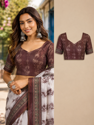 white brown printed chanderi cotton ready to wear saree with unstitched blouse 5