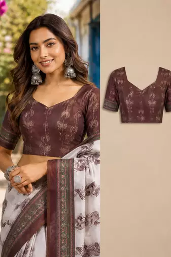 white brown printed chanderi cotton ready to wear saree with unstitched blouse