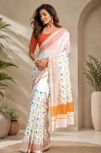 white orange printed chanderi cotton ready to wear saree with unstitched blouse