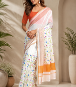 white orange printed chanderi cotton ready to wear saree with unstitched blouse