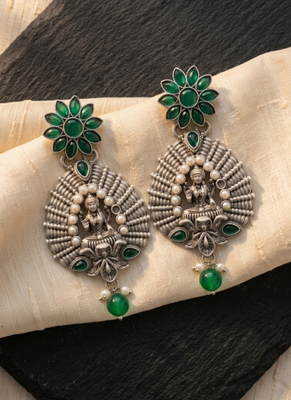 Lakshmi temple earrings with emerald green floral studs 1