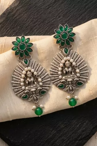 Lakshmi temple earrings with emerald green floral studs