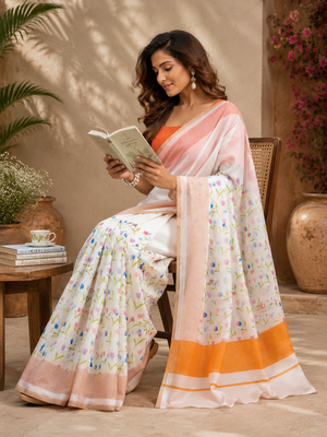 white orange printed chanderi cotton ready to wear saree with unstitched blouse 2