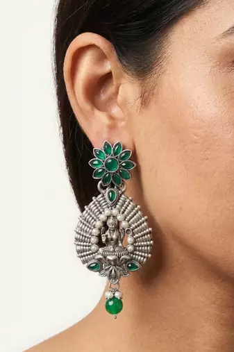 Lakshmi temple earrings with emerald green floral studs