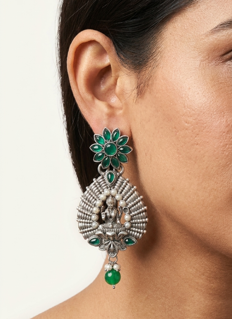 Lakshmi temple earrings with emerald green floral studs