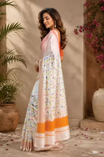 white orange printed chanderi cotton ready to wear saree with unstitched blouse