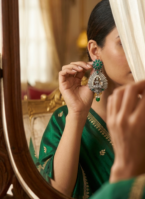 Lakshmi temple earrings with emerald green floral studs 3
