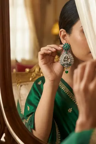 Lakshmi temple earrings with emerald green floral studs