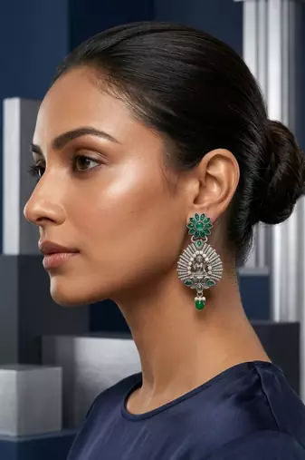 Lakshmi temple earrings with emerald green floral studs