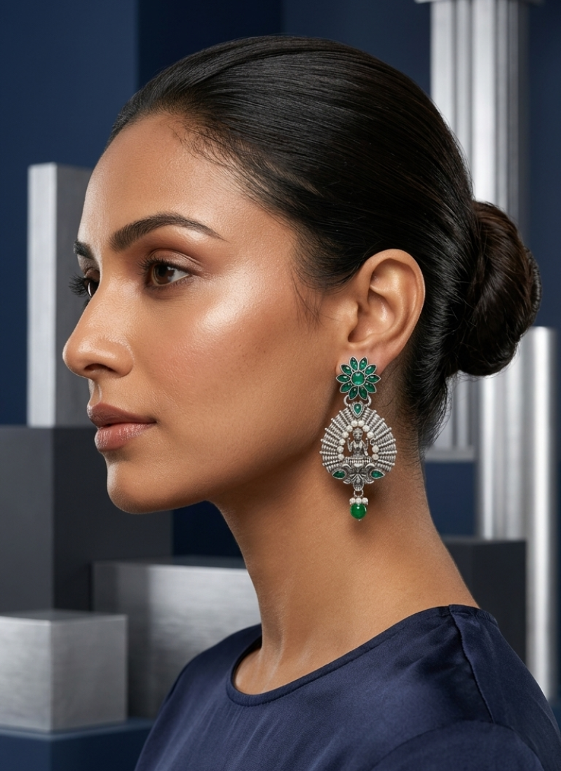 Lakshmi temple earrings with emerald green floral studs