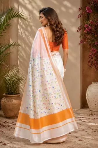 white orange printed chanderi cotton ready to wear saree with unstitched blouse