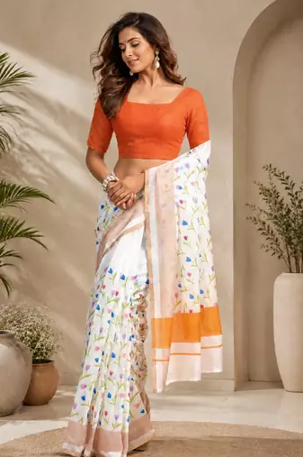 white orange printed chanderi cotton ready to wear saree with unstitched blouse