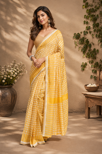 yellow printed chanderi cotton ready to wear saree with unstitched blouse