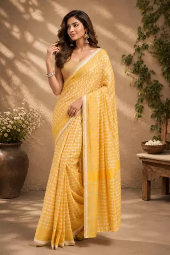 yellow printed chanderi cotton ready to wear saree with unstitched blouse