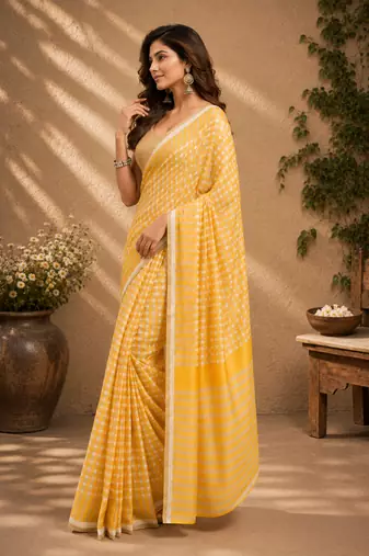 yellow printed chanderi cotton ready to wear saree with unstitched blouse