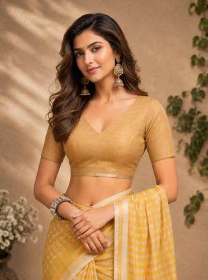 yellow printed chanderi cotton ready to wear saree with unstitched blouse 5