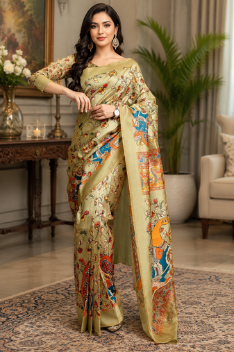beige printed chanderi cotton ready to wear saree with unstitched blouse