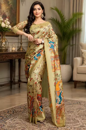 beige printed chanderi cotton ready to wear saree with unstitched blouse