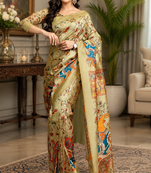 beige printed chanderi cotton ready to wear saree with unstitched blouse