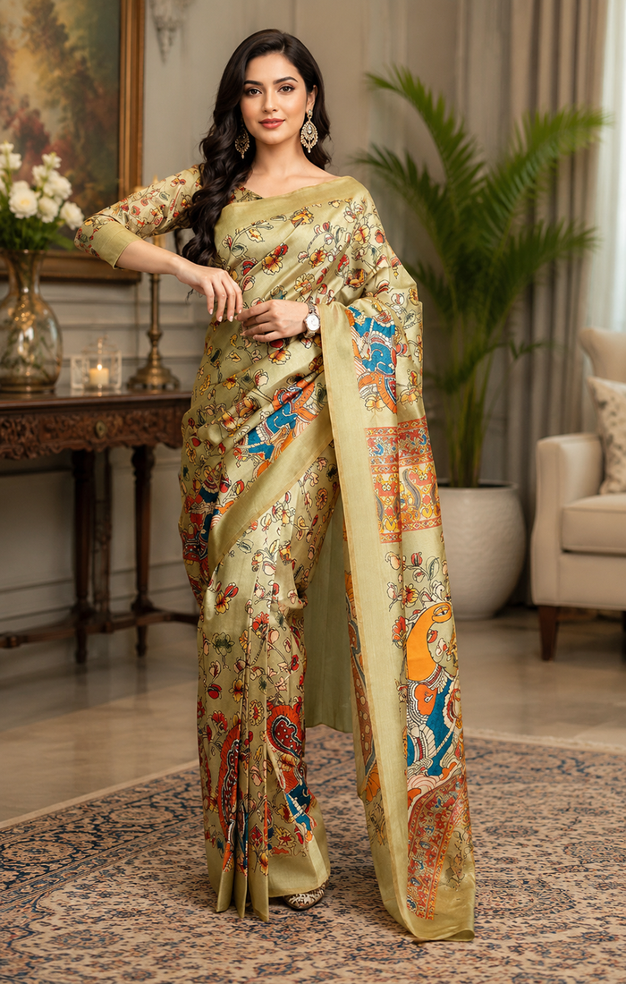 beige printed chanderi cotton ready to wear saree with unstitched blouse