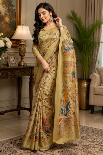 beige printed chanderi cotton ready to wear saree with unstitched blouse