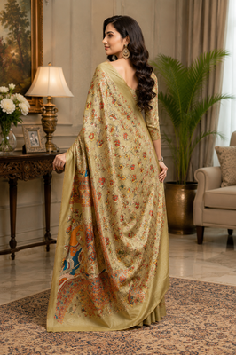 beige printed chanderi cotton ready to wear saree with unstitched blouse 4