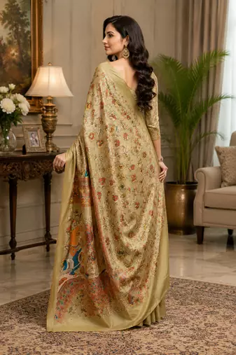 beige printed chanderi cotton ready to wear saree with unstitched blouse