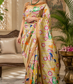 beige printed chanderi cotton ready to wear saree with unstitched blouse