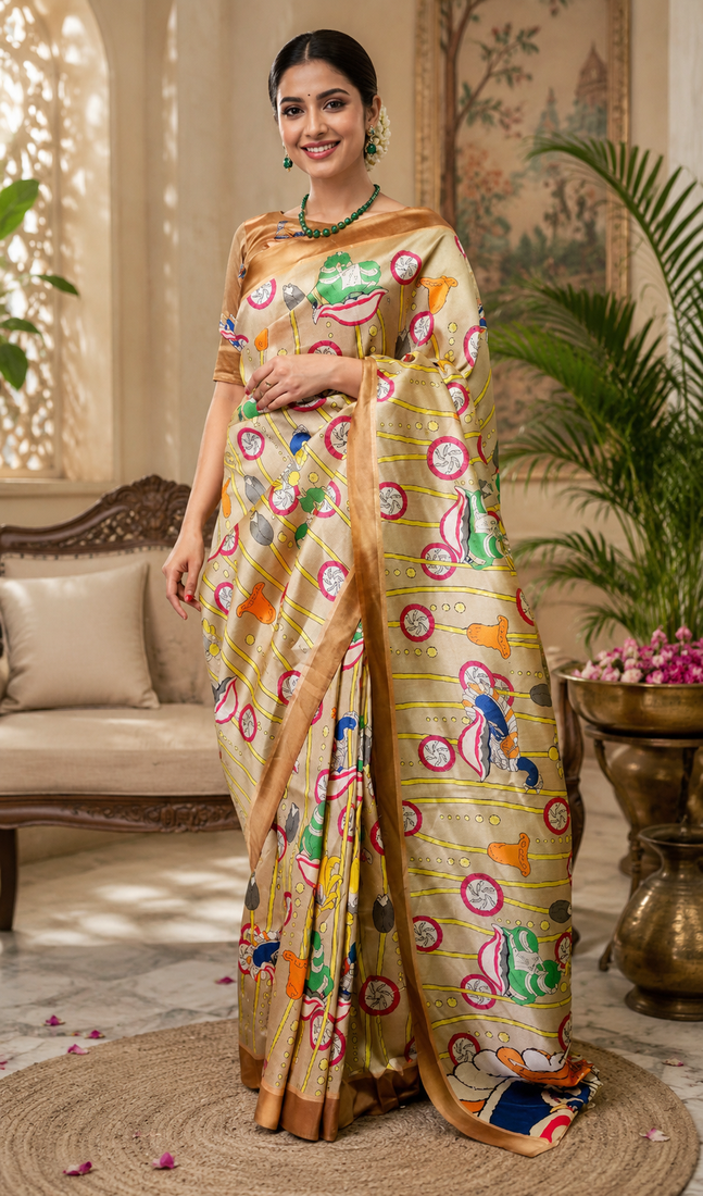beige printed chanderi cotton ready to wear saree with unstitched blouse