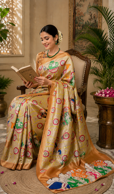 beige printed chanderi cotton ready to wear saree with unstitched blouse 2