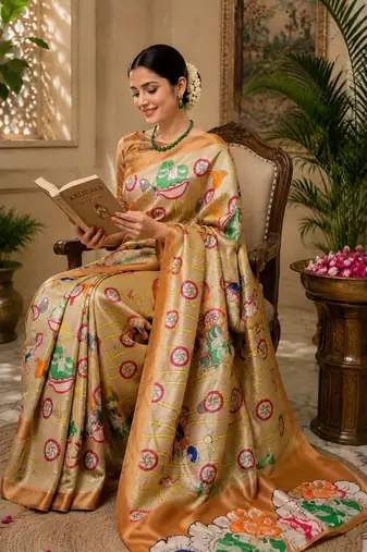 beige printed chanderi cotton ready to wear saree with unstitched blouse