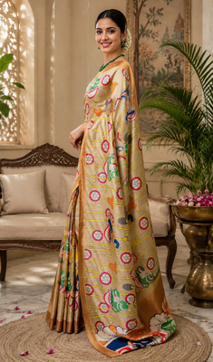 beige printed chanderi cotton ready to wear saree with unstitched blouse 3
