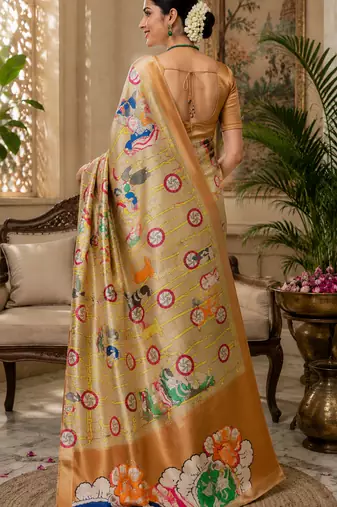beige printed chanderi cotton ready to wear saree with unstitched blouse