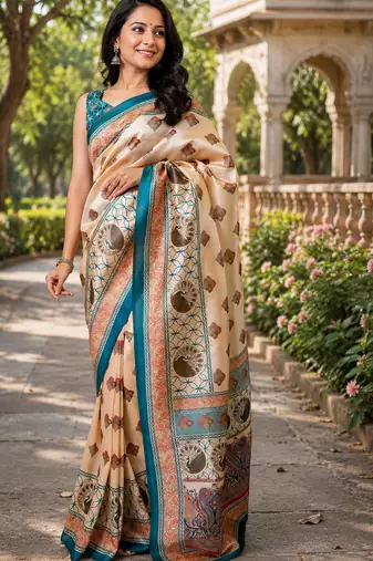 beige printed chanderi cotton ready to wear saree with unstitched blouse