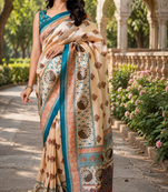 beige printed chanderi cotton ready to wear saree with unstitched blouse