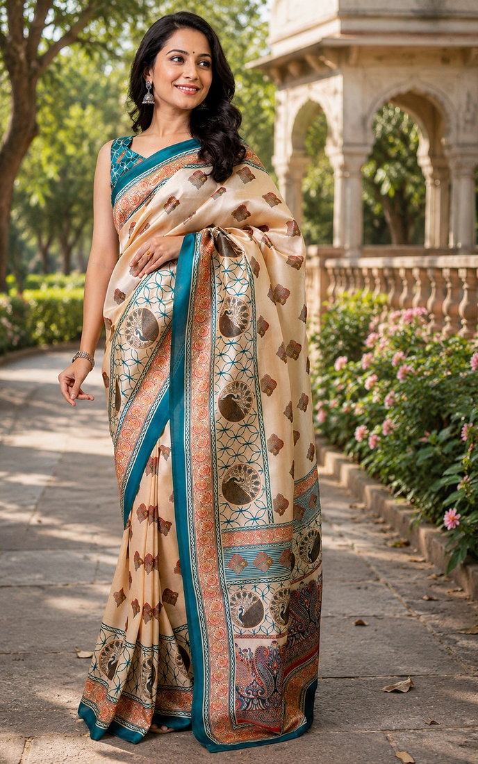 beige printed chanderi cotton ready to wear saree with unstitched blouse
