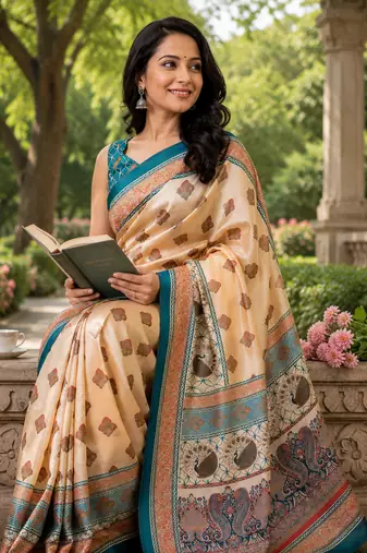 beige printed chanderi cotton ready to wear saree with unstitched blouse