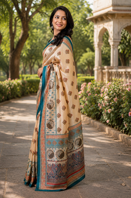 beige printed chanderi cotton ready to wear saree with unstitched blouse 3