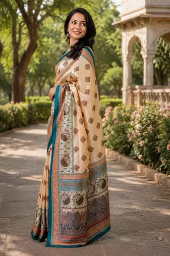 beige printed chanderi cotton ready to wear saree with unstitched blouse