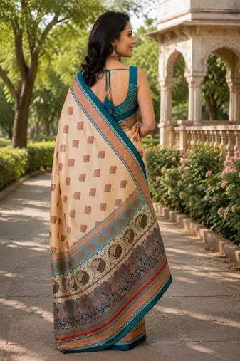 beige printed chanderi cotton ready to wear saree with unstitched blouse