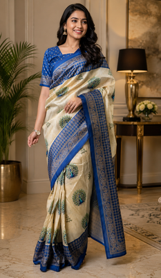 beige blue printed chanderi cotton ready to wear saree with unstitched blouse 1