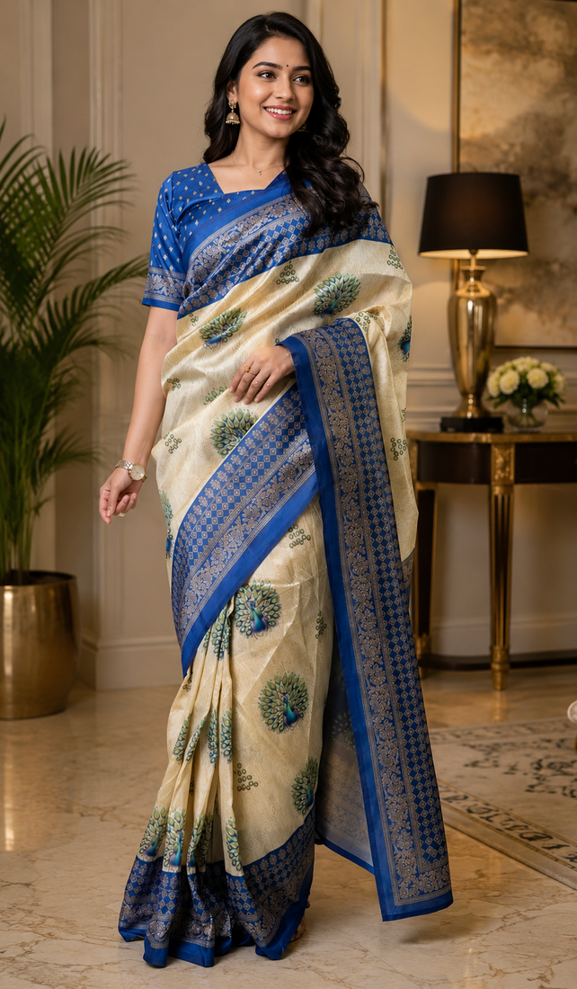 beige blue printed chanderi cotton ready to wear saree with unstitched blouse