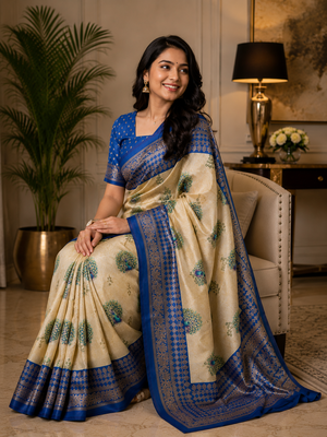 beige blue printed chanderi cotton ready to wear saree with unstitched blouse 2