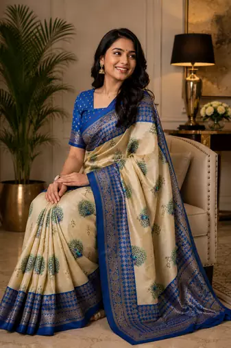 beige blue printed chanderi cotton ready to wear saree with unstitched blouse