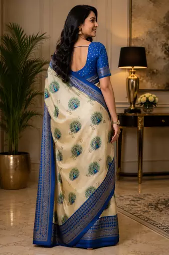 beige blue printed chanderi cotton ready to wear saree with unstitched blouse