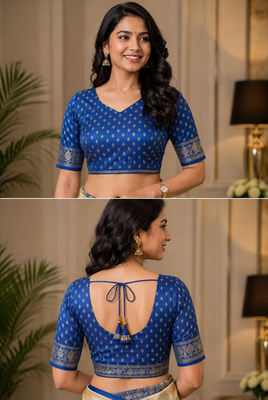 beige blue printed chanderi cotton ready to wear saree with unstitched blouse 5