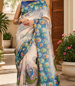 beige teal blue printed chanderi cotton ready to wear saree with unstitched blouse