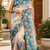 beige teal blue printed chanderi cotton ready to wear saree with unstitched blouse